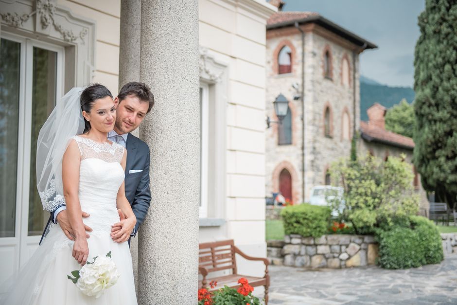 Outdoor portrait of a happy wedding couple